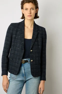 Blazer En Tweed A Carreaux Marine - Bellie<Gerard Darel Clearance