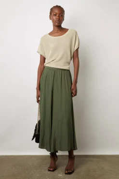 Jupe Midi En Satin Plisse Kaki - Denisa<Gerard Darel Clearance