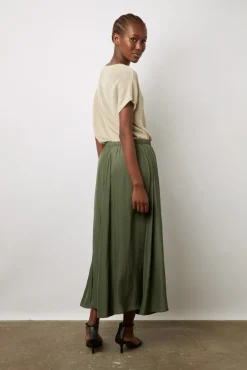 Jupe Midi En Satin Plisse Kaki - Denisa<Gerard Darel Clearance