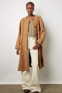 Manteau Long En Cuir Velours Camel - John<Gerard Darel New