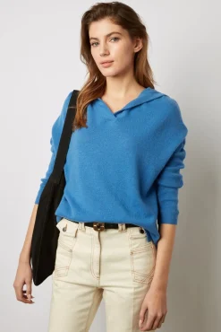 Pull Cachemire A Capuche Bleu - Leotina<Gerard Darel Sale