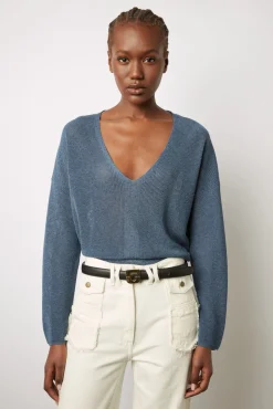 Pull V En Maille Fine Jeans - Lorelie<Gerard Darel Clearance