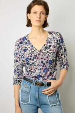 Pull V Fleurs Lin Et Coton Naturel - Lylou<Gerard Darel New