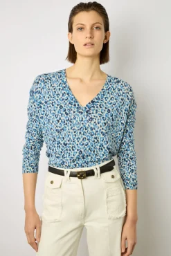 Pull V Leopard Lin Coton Indigo - Lauralie<Gerard Darel Sale