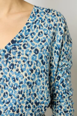 Pull V Leopard Lin Coton Indigo - Lauralie<Gerard Darel Sale