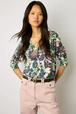 Pull V Lin Et Coton Imprime Ecru - Lylou<Gerard Darel Discount