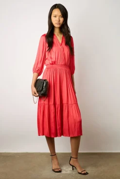 Robe Midi En Satin A Volants Corail - Endy<Gerard Darel Discount