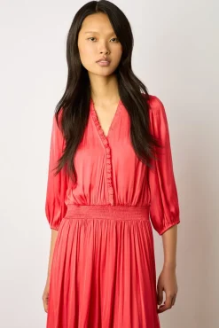 Robe Midi En Satin A Volants Corail - Endy<Gerard Darel Discount