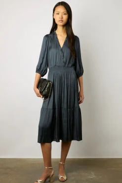 Robe Midi En Satin A Volants Encre - Endy<Gerard Darel Outlet