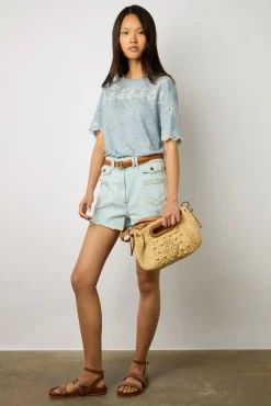 Tshirt En Lin A Broderie Bleu Ciel - Manika<Gerard Darel Outlet