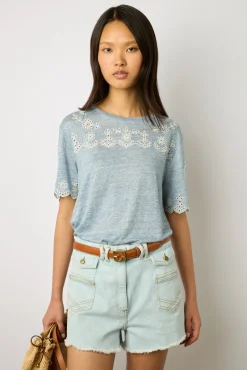 Tshirt En Lin A Broderie Bleu Ciel - Manika<Gerard Darel Outlet