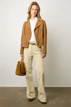 Veste Biker En Cuir Velours Caramel - Maud<Gerard Darel Clearance